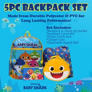 Baby Shark 5 Piece Backpack Set for Kids, Kindergarten Schoolbag with Insulated Lunch Box, Pencil Case, Cinch Bag, and Squishy Ball Toy Dangle, Daypack for Toddler’s Boys and Girls