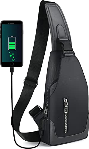 Aucuu Sling Backpack with USB Charging Port, Chest Bag Crossbody Daypack Shoulder Bag for Men, Hiking, Cycling, Travel - Black