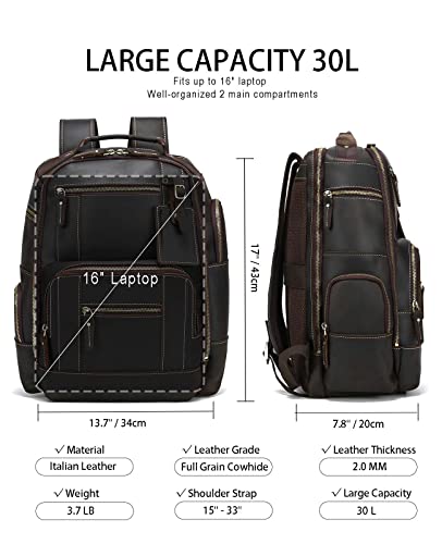 Taertii Mens Full Grain Genuine Leather 15.6 Laptop Backpack Large Capacity Weekender Overnight Camping Travel Rucksack 30L