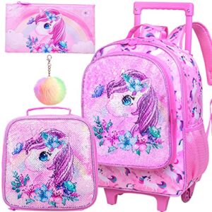 klfvb rolling backpack for girls, kids roller wheels school bookbag with lunch bag, wheeled school bag for children – unicorn