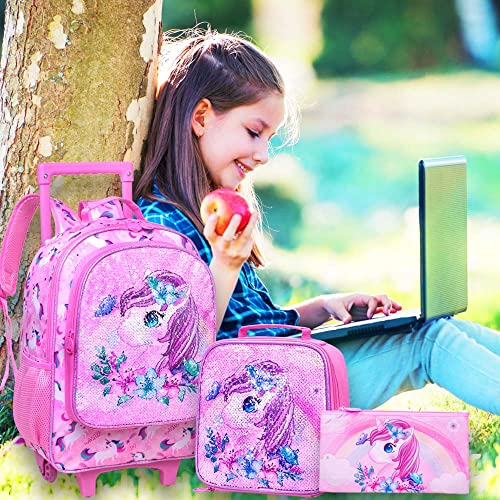 KLFVB Rolling Backpack for Girls, Kids Roller Wheels School Bookbag with Lunch Bag, Wheeled School Bag for Children - Unicorn