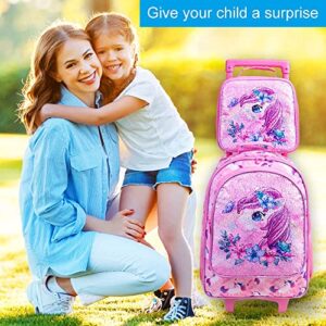 KLFVB Rolling Backpack for Girls, Kids Roller Wheels School Bookbag with Lunch Bag, Wheeled School Bag for Children - Unicorn