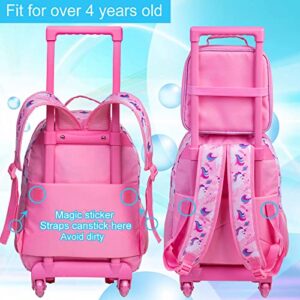 KLFVB Rolling Backpack for Girls, Kids Roller Wheels School Bookbag with Lunch Bag, Wheeled School Bag for Children - Unicorn