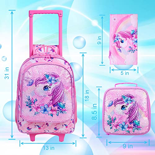 KLFVB Rolling Backpack for Girls, Kids Roller Wheels School Bookbag with Lunch Bag, Wheeled School Bag for Children - Unicorn