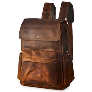 brass tacks leathercraft leather rucksack backpack casual travel satchel bag daypack for men women 15.6 inch laptop bookbag