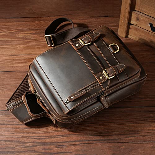 compalo Thick Full Grain Leather Sling Bag Shoulder Backpack Travel Rucksack Casual Crossbody Bag