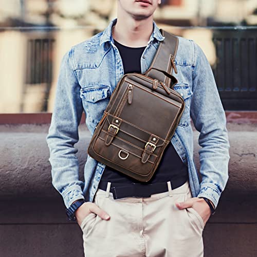 compalo Thick Full Grain Leather Sling Bag Shoulder Backpack Travel Rucksack Casual Crossbody Bag