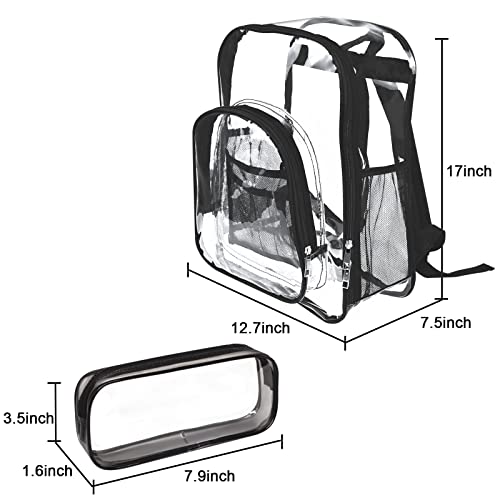 KingBig Clear Backpack Stadium Approved Heavy Duty PVC Bookbag Transparent School Bag with Clear Zipper Pen Pencil Case for School,Sports,Work,Stadium,Security Travel,College.