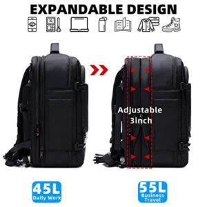 Asenlin Travel Backpack for Women Men，40L-55L Expandable Carry on Backpack，17 Inch Water Resistant Laptop Backpack for Weekender Overnight Extre Large Backpack-Black