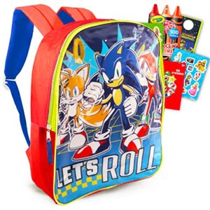 sonic toys sonic the hedgehog backpack for kids – 15” sonic backpack bundle with super mario stickers, crayola stickers, and more (sonic backpack for boys)