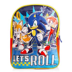 Sonic Toys Sonic the Hedgehog Backpack for Kids - 15'' Sonic Backpack Bundle with Super Mario Stickers, Crayola Stickers, and More (Sonic Backpack for Boys)