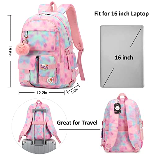 Hidds Laptop Backpacks 16 Inch School Bag College Backpack Anti Theft Travel Daypack Bags Bookbags for Teens Girls Women Students (Tie-Dye Pink)