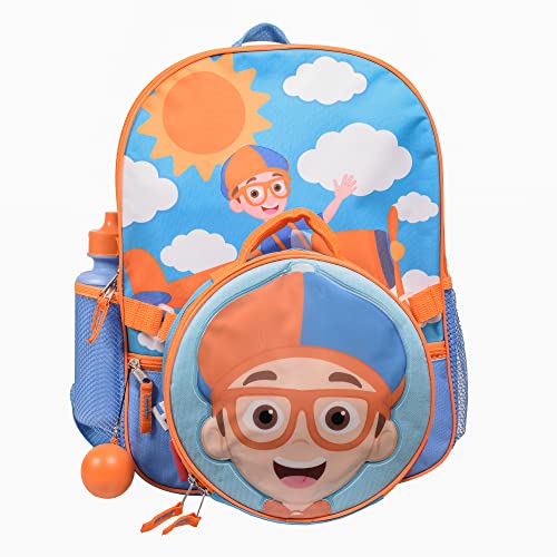 AI ACCESSORY INNOVATIONS Blippi Girls & Boys Toddler 4 Piece Backpack Set, Kids School Travel Bag with Front Zip Pocket, Mesh Side Pockets, Insulated Lunch Box, Water Bottle, and Squish Ball Dangle