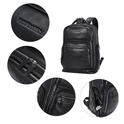 BOSTANTEN Leather Backpacks College 15.6” Laptop Travel Computer Shoulder Backpack For Men Black