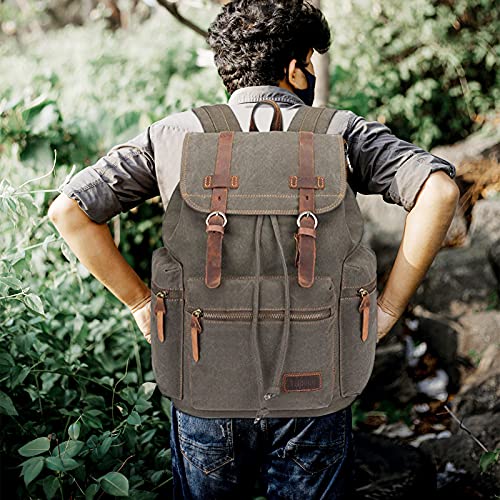 Bluboon Canvas Vintage Backpack Leather Casual Bookbag Men Rucksack (Green)