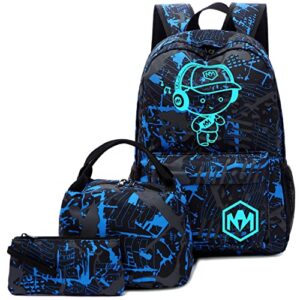 bluboon school backpack for boys teens bookbag travel daypack kids girls lunch bag pencil case (blue-3pcs)