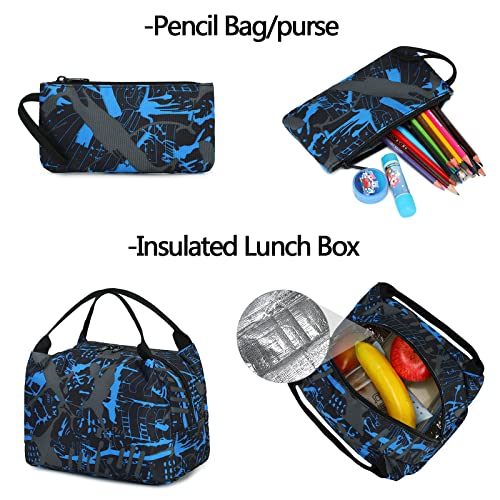 Bluboon School Backpack for Boys Teens Bookbag Travel Daypack Kids Girls Lunch Bag Pencil Case (Blue-3pcs)