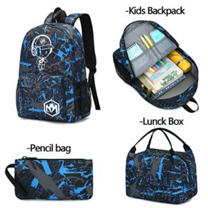 Bluboon School Backpack for Boys Teens Bookbag Travel Daypack Kids Girls Lunch Bag Pencil Case (Blue-3pcs)
