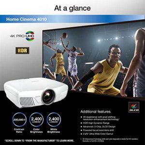 Epson Home Cinema 4010 4K PRO-UHD Projector with Advanced 3-Chip Design and HDR with 100% Balanced Color and White Brightness and Ultra Wide DCI-P3 Color Gamut (V11H932020-N) (Renewed)