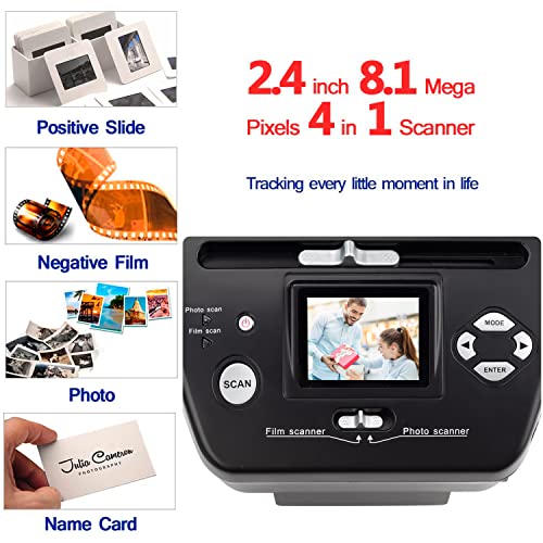 Digital Film & Photo Scanner, High Resolution 16MP Film Scanner with 2.4" LCD Screen, 4 in 1 Scanner Converts 35mm/135 Slides & Negatives Film, Photo, Name Card for Saving to Digital Files, Black