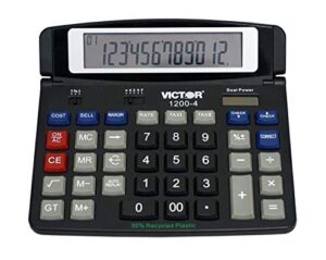 victor 1200-4 12-digit large professional desktop calculator, battery and solar hybrid powered tilt lcd display, great for home and office use, black