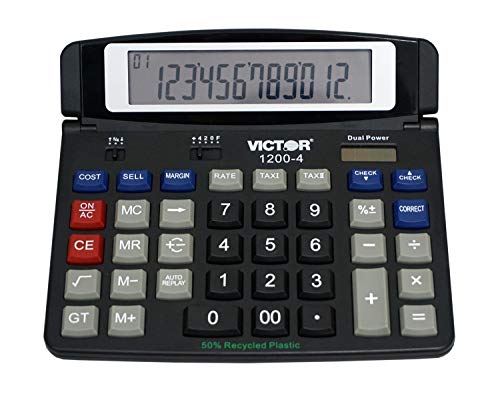 Victor 1200-4 12-Digit Large Professional Desktop Calculator, Battery and Solar Hybrid Powered Tilt LCD Display, Great for Home and Office Use, Black