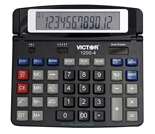 Victor 1200-4 12-Digit Large Professional Desktop Calculator, Battery and Solar Hybrid Powered Tilt LCD Display, Great for Home and Office Use, Black