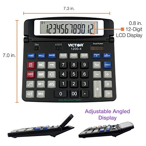 Victor 1200-4 12-Digit Large Professional Desktop Calculator, Battery and Solar Hybrid Powered Tilt LCD Display, Great for Home and Office Use, Black