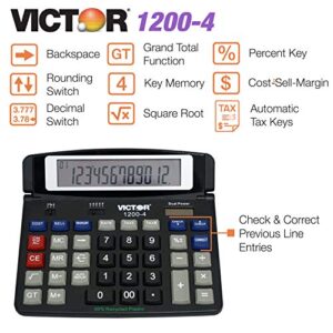 Victor 1200-4 12-Digit Large Professional Desktop Calculator, Battery and Solar Hybrid Powered Tilt LCD Display, Great for Home and Office Use, Black