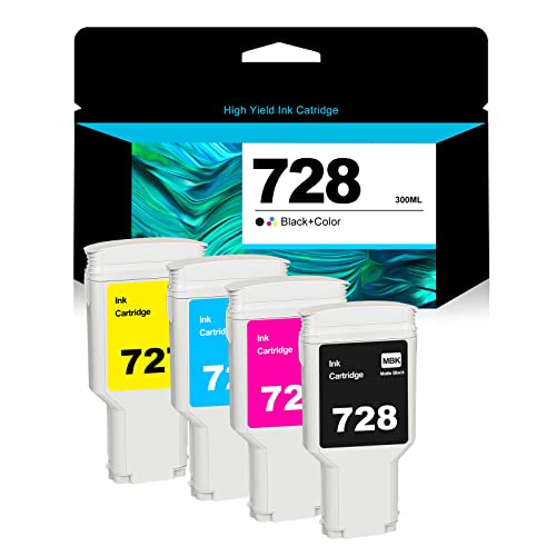 728 300-ml Ink Cartridge, F9J68A F9K17A F9K16A F9K15A (Matte Black, Cyan, Magenta, Yellow), Compatible with HP DesignJet T730 (F9A29A / F9A29D), T830 (F9A30A / F9A28A / F9A28D / F9A30D) Printers