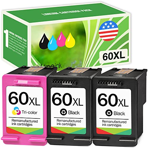 Limeink Remanufactured Ink Cartridge 60XL 60 XL Replacement for HP Envy 100 110 120 Photosmart c4680 c4780 c4795 d110 Deskjet d2680 f2430 f4280 f4440 f4480 f4580 Printer (2 Black, 1 Color)