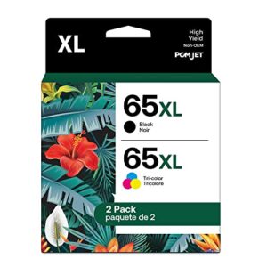 pcmjet remanufactured ink 65xl black and color combo pack replacement for hp 65 xl ink cartridge combo pack remanufactured works with deskjet 3700 3752 3755 envy 5055 (1 black,1 tri-color)