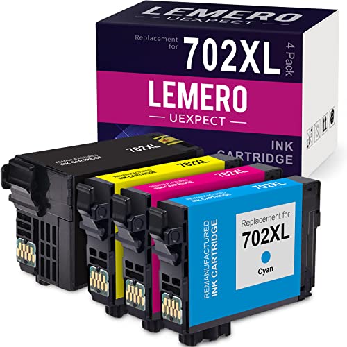 LEMERO UEXPECT 702XL Remanufactured Ink Cartridge Replacement for Epson 702XL 702 XL T702XL Ink Cartridge for Workforce Pro WF-3720 WF-3730 WF-3733 Printer Black Cyan Magenta Yellow, 4P