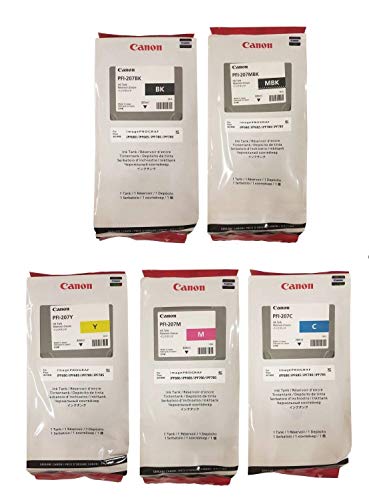 Canon PFI-207 300ml Ink Tank 5 Pack - for Canon iPF680/685/780/785, 1 PFI-207MBK 1 PFI-207BK 1 PFI207C 1 PFI207M 1 PFI207Y + InkSAVER Microfiber LCD Screen Cleaning Cloth