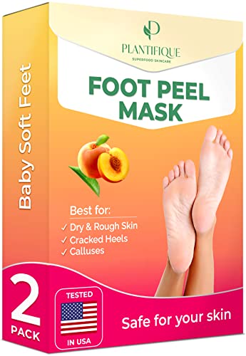 Foot Peel Mask with Peach by Plantifique - 2 Pack Peeling Foot Mask Dermatologically Tested - Repairs Heels & Removes Dry Dead Skin for Baby Soft Feet - Exfoliating Foot Peel Mask for Dry Cracked Feet
