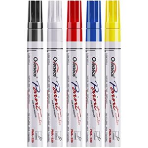 paint marker pens – 5 colors permanent oil based paint markers, medium tip, quick dry and waterproof assorted color marker for metal, wood, fabric, plastic, rock painting, stone, mugs, canvas, glass
