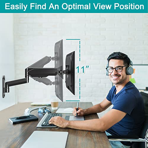 MOUNT PRO Single Monitor Wall Mount for 13 to 32 Inch Computer Screens, Gas Spring Wall Monitor Arm Holds Up to 17.6lbs, Full Motion Adjustable Wall Monitor Mount, VESA Mount 75x75, 100x100