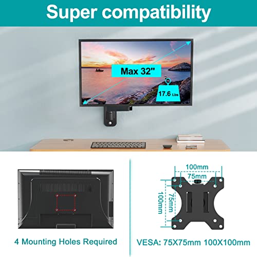 MOUNT PRO Single Monitor Wall Mount for 13 to 32 Inch Computer Screens, Gas Spring Wall Monitor Arm Holds Up to 17.6lbs, Full Motion Adjustable Wall Monitor Mount, VESA Mount 75x75, 100x100