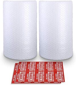 bubble cushioning wrap roll 2 pack 3/16″ air bubble 12 inch x 74 feet total, perforated every 12 inch with 20pcs fragile stickers packing supplies for heavy-duty moving shipping