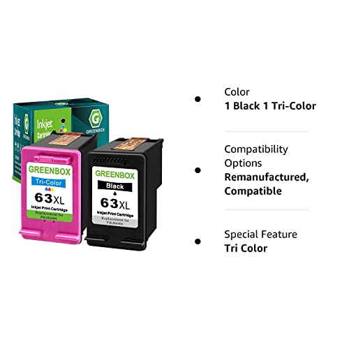 GREENBOX Remanufactured 63XL High Yield Ink Cartridge Combo Pack Replacement for HP 63XL 63 XL OfficeJet 3830 5255 5258 Envy 4520 4512 4513 4516 DeskJet 1112 1110 3630Printer Ink(1 Black 1 Tri-Color)