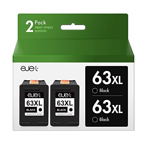 ejet Remanufactured 63XL Black Ink Replacement for HP 63XL Black Ink Cartridge, High Yield Work with OfficeJet 3830 4650 5255 Envy 4520 4512 4516 Deskjet 1112 3630 3634 3639 3632 2132 Printer(2 Black)