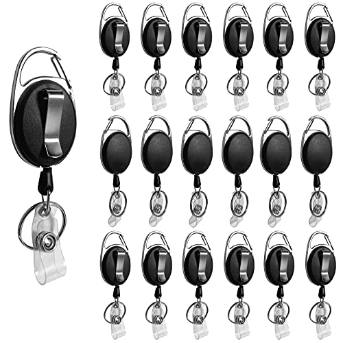 20 Pack Retractable Badge Holder with Carabiner Reel Clip, Bulk ID Card Key Holder with Ring, Heavy Duty Black Key Chain Extender for Office Work Employee