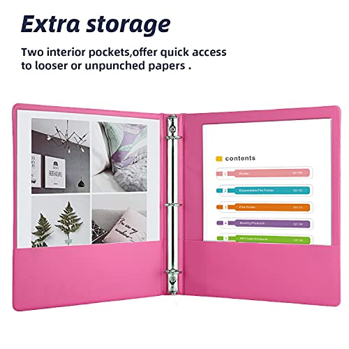 3 Ring Binders, Durable 1” Round Ring, Holds 8.5*11inch Papers, with 2 Pockets ,6 Colors Binder Assorted Pack