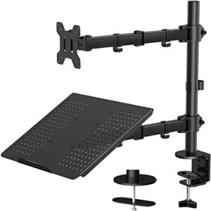 huanuo laptop monitor mount with tray for 13- 27 inch, fully adjustable laptop notebook desk mount stand up to 17 inch, weight up to 22lbs, extension with clamp and grommet mounting base