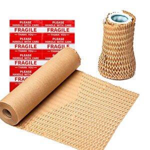 wowxyz honeycomb packing paper wrap 12″x105′ recycled cushion wrapping roll eco friendly shipping moving green wrap with 10 fragile sticker labels – protective kraft packaging suppliers brown