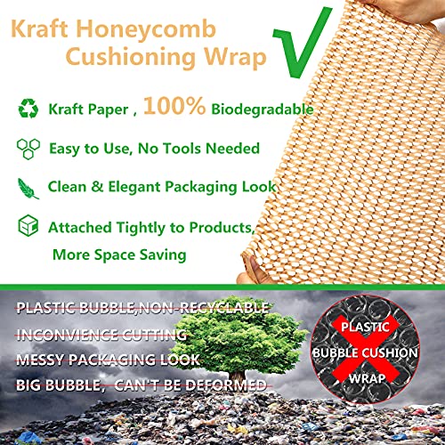 Wowxyz Honeycomb Packing Paper Wrap 12"x105' Recycled Cushion Wrapping Roll Eco Friendly Shipping Moving Green Wrap with 10 Fragile Sticker Labels - Protective Kraft Packaging Suppliers Brown