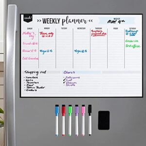 magnetic dry erase weekly calendar for fridge: with stain resistant technology – 17×12″ – 4 fine tip markers and large eraser with magnets – whiteboard organizer planner: refrigerator white board