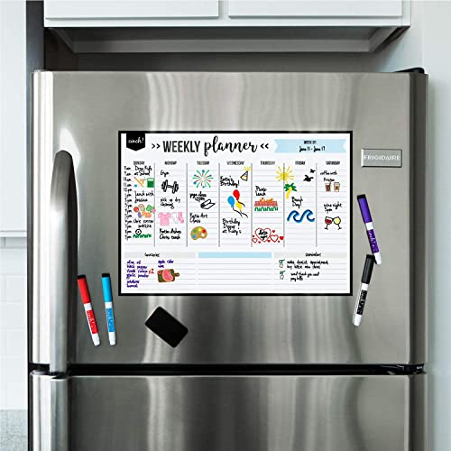 Magnetic Dry Erase Weekly Calendar for Fridge: with Stain Resistant Technology - 17x12" - 4 Fine Tip Markers and Large Eraser with Magnets - Whiteboard Organizer Planner: Refrigerator White Board