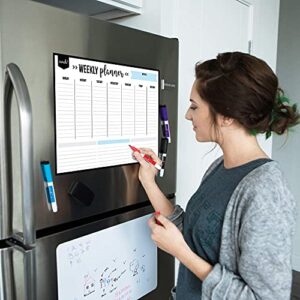 Magnetic Dry Erase Weekly Calendar for Fridge: with Stain Resistant Technology - 17x12" - 4 Fine Tip Markers and Large Eraser with Magnets - Whiteboard Organizer Planner: Refrigerator White Board