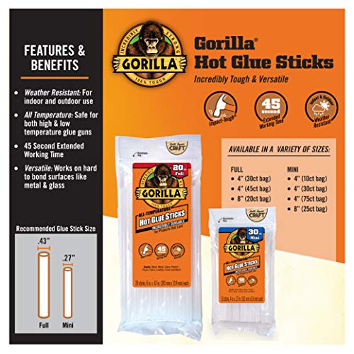 Gorilla Hot Glue Sticks, Full Size, 8" Long x .43" Diameter, 20 Count, Clear, (Pack of 1)